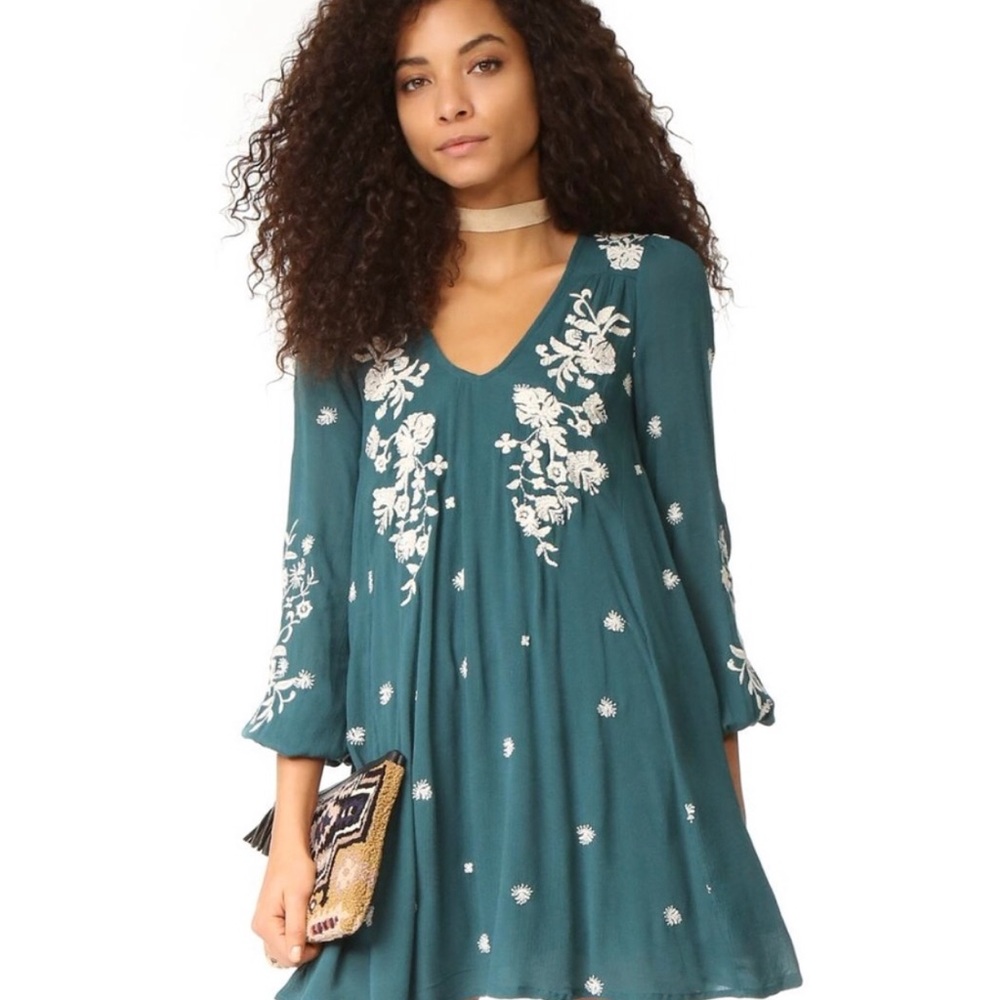 FREE PEOPLE teal embroidered tunic size M